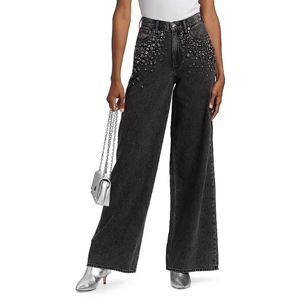 Rag &‎ Bone Angelique Jewel Sofie High-Rise Ultra Wide Leg Jeans Black 34 NWT